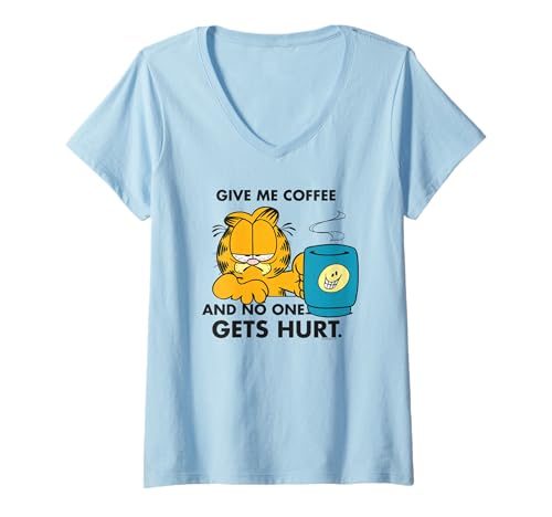 Damen Garfield Retro-Comic-Kunstwerk im Stil von Morning Coffee Cat Vibes T-Shirt mit V-Ausschnitt von Garfield