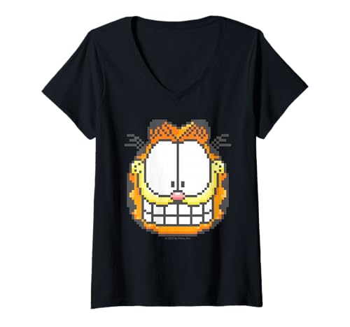 Damen Garfield Retro Pixel Artwork Freche Katze Comic Style Vibes T-Shirt mit V-Ausschnitt von Garfield