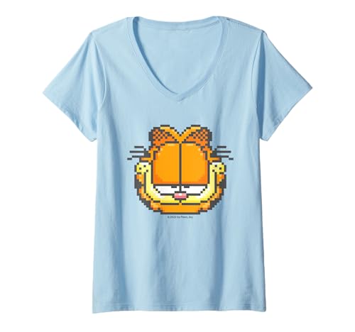 Damen Pixel Graphics Cheeky Cat Lasagne Love Stirnrunzeln, großes Gesicht, Retro-Design T-Shirt mit V-Ausschnitt von Garfield