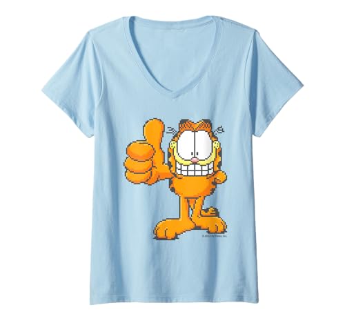 Damen Pixel Graphics Cheeky Cat Lasagne Love Thumbs Up Kunstklassiker T-Shirt mit V-Ausschnitt von Garfield