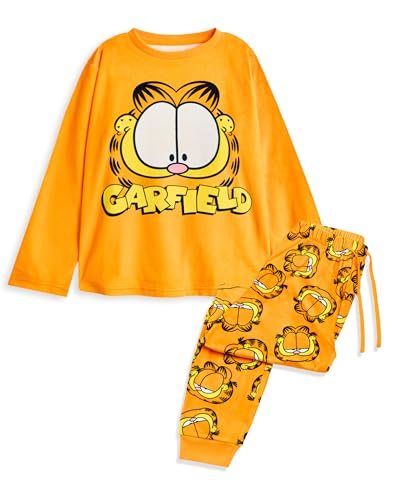 Garfield 2-teiliges Pyjama-Set für Kinder | Velours-Fleece-Orange Lazy Cat-Langbeinhose und langärmliges Nachtoberteil für Kinder | Pyjamas mit Charaktergesicht-Grafikdruck von Garfield