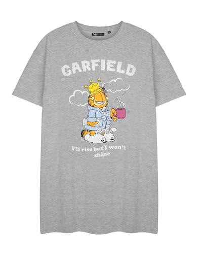Garfield Damen-Nachtwäsche, graues Kurzarm-Nachthemd | „Rise But Won't Shine“-Grafik-Nachthemd | Bequeme Cartoon-Nachtwäsche | Lounge mit Stil mit | Pyjama-Set für Damen von Garfield