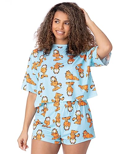 Garfield Damen Pyjamas | Erwachsene Damen Cropped T-Shirt mit kurzen Hosen Pjs | Pastellblaue Cartoon Katze überall gedruckt Movie Merchandise von Garfield