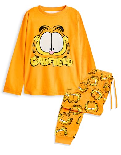 Garfield Pyjama-Set für Damen | Langer Pyjama aus Velours-Fleece mit Lazy Cat-Grafik für Erwachsene in Orange | Damen-Nachtwäsche mit Cartoon-Katzencharakter und All-Over-Print von Garfield