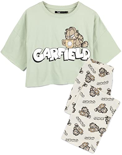 Garfield Womens Pyjamas | Adults Ladies Lazy Tabby Cat Green T-Shirt with Cream Long Bottoms Pjs | Movie Merchandise - Large von Garfield