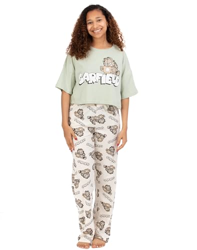 Garfield Womens Pyjamas | Adults Ladies Lazy Tabby Cat Green T-Shirt with Cream Long Bottoms Pjs | Movie Merchandise - Large von Garfield