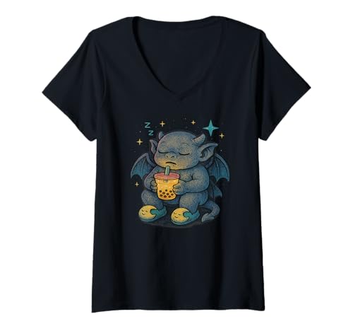 Damen Schlafender Kawaii Baby Wasserspeier mit Boba Bubble Tea T-Shirt mit V-Ausschnitt Damen Schlafender Kawaii Baby Wasserspeier mit Boba Bubble Tea T-Shirt mit V-Ausschnitt von Gargoyle Lovers Gifts Apparel Decor and More