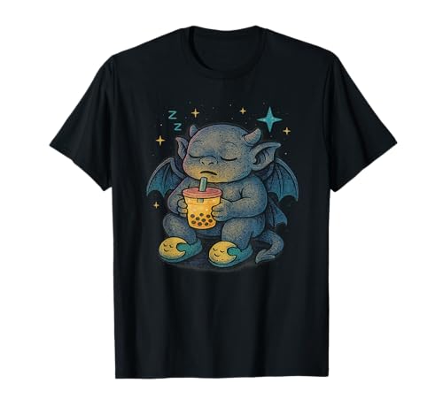 Schlafender Kawaii Baby Wasserspeier mit Boba Bubble Tea T-Shirt Schlafender Kawaii Baby Wasserspeier mit Boba Bubble Tea T-Shirt von Gargoyle Lovers Gifts Apparel Decor and More