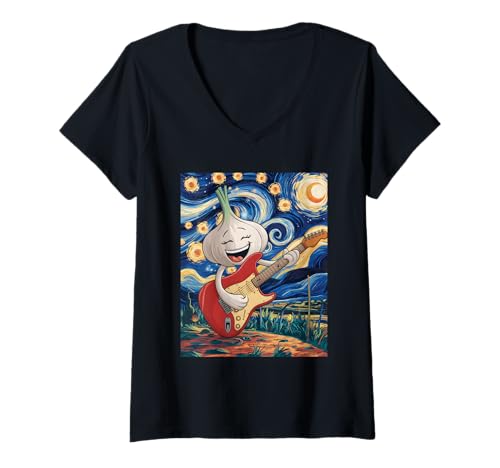 Damen Sternennacht-Knoblauch T-Shirt mit V-Ausschnitt Damen Sternennacht-Knoblauch T-Shirt mit V-Ausschnitt von Garlic Guitar