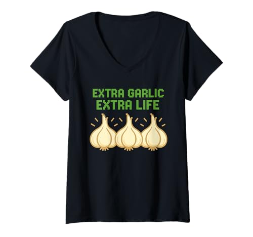 Damen Lustiges Meme für Knoblauchliebhaber, bereitgestellt von Garlic Humor Team Foodie T-Shirt mit V-Ausschnitt Damen Lustiges Meme für Knoblauchliebhaber, bereitgestellt von Garlic Humor Team Foodie T-Shirt mit V-Ausschnitt von Garlic Humor Extra Life Vampire Joke Foodie Pride