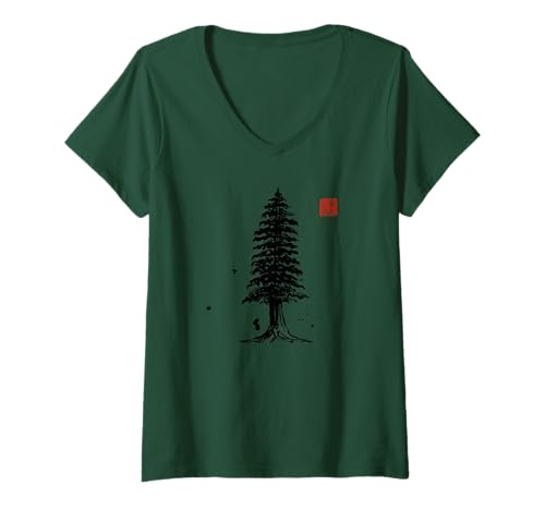 Damen Redwood Tree Sumi-e Tinte japanischer Stil Design T-Shirt mit V-Ausschnitt Damen Redwood Tree Sumi-e Tinte japanischer Stil Design T-Shirt mit V-Ausschnitt von Garment of Glory - Sumi-e designs