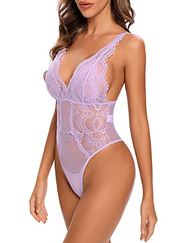 Garmol Damen-Dessous, Spitzen-Body, tiefer V-Ausschnitt, Dobby-Netz-Body, Lavendel, L von Garmol