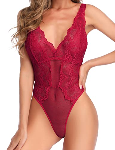 Garmol Frauen Dessous Spitze Bodysuit Tiefer V-Ausschnitt Dobby Mesh Body Anzüge Teddy, Rot/Ausflug, einfarbig (Getaway Solids), L von Garmol