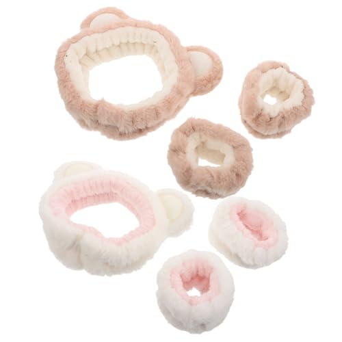 Garneck 1 Satz Plüsch Haarband und Handgelenkband Set mit Bärenohren Wasserdichtes Verstellbares Zubehör für Gesichtswaschen Make Up und Spa und Braun von Garneck