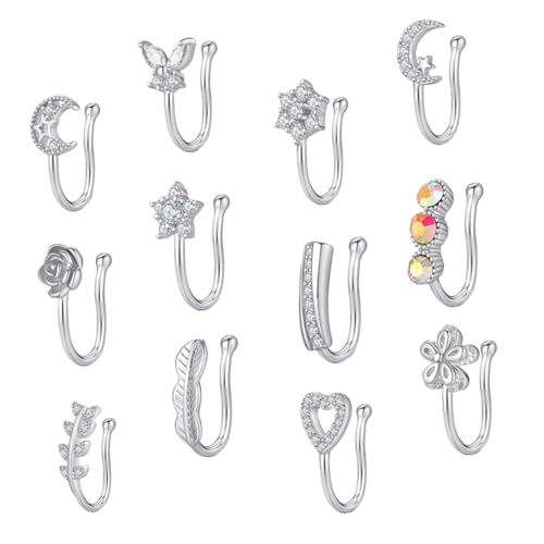 Garneck 12 Stück Teiliges Nasenclip mit Zirkonia Silberfarbene Hautfreundliche Damen Nasenringe Piercing Leicht und Modisch für Alltag und Party Stilvolles Schmuck Accessoire für Frauen von Garneck