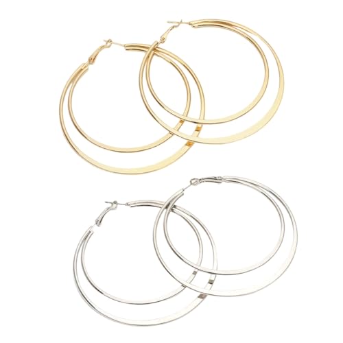 Garneck 2 Paare Double Layer Geometrische Kreise Ohrringe Exaggerierte Große Creolen Metall Gold Silber Damenaccessoires Auffälliger Stil von Garneck