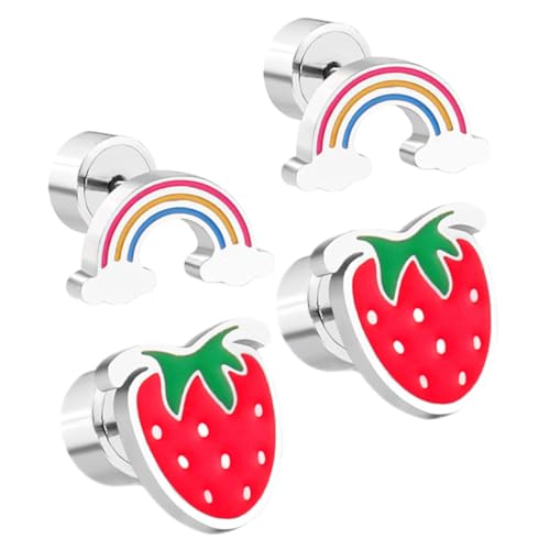 Garneck 2 Paar Erdbeerohrringe und Regenbogenohrringe für Mädchen Hypoallergen Süße Ohrringe Farbenfrohe Kinderohrringe für Partys von Garneck