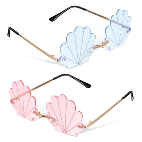 Garneck 2 Paare Randlose Muschelbrillen Rave Sonnenbrillen mit Muschelförmigen Gläsern für Damen und Herren Party Karneval Disco Vintage Streetwear von Garneck