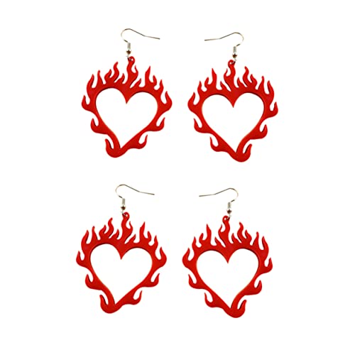 Garneck 2paare -herz-ohrringe Für Damen Ausgehöhlte Rote Flammen-ohrhänger Rot von Garneck