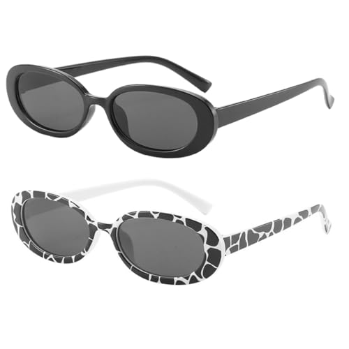Garneck 2 Paare Stylische Unisex Sonnenbrillen Ovaler Rahmen UV Schutz Leichte Modische Party Brillen für Damen und Herren mit Robustem Bequemem Design in Schwarz und Kuhmuster von Garneck