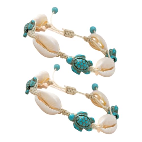 Garneck 2 Stück Boho Muschel Armband Damen mit Schildkrötenanhänger Verstellbares Natürliches Shell Stretch Armband und Fußkettchen Küsten Schmuckstück für Strand und Urlaub von Garneck