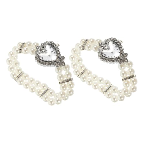 Garneck 2 Stück Damen Armbanduhr mit herzförmigem Ziffernblatt Quarzuhr mit Kristallbesatz und Perlenarmband Flexibles Armband Schmuckuhr für Alltag und von Garneck