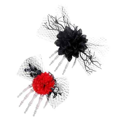 Garneck 2 Stück Halloween Haarklammern mit Skelett Hand und Roter Rosenblüte Mesh Seitenspangen für Sicheren Halt Komfortabel und Langlebig für Frauen Halloween Partys und Cosplay von Garneck