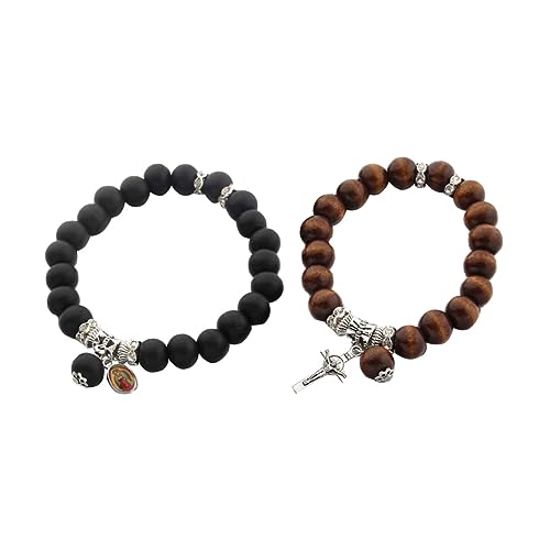 Garneck 2 Stück Holzperlen Armband für Elastisches Handgelenkschmuck mit Kreuzanhänger Schwarz und Kaffee Verstellbares Liebesarmband für Männer und Frauen von Garneck