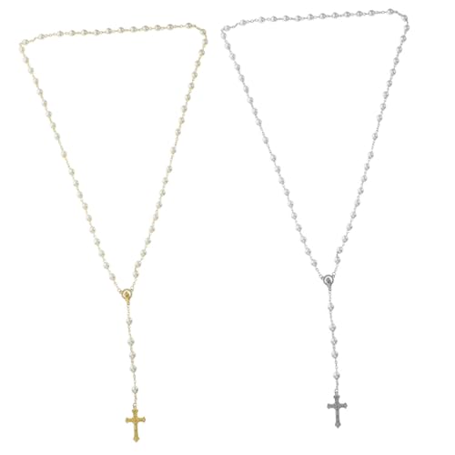 Garneck 2 Stück Kreuz Halsketten mit Goldfarbenen Perlen Leichte Vintage Schmuckkette für Damen Clavicle Ketten für Hochzeit Party an Mutter und von Garneck