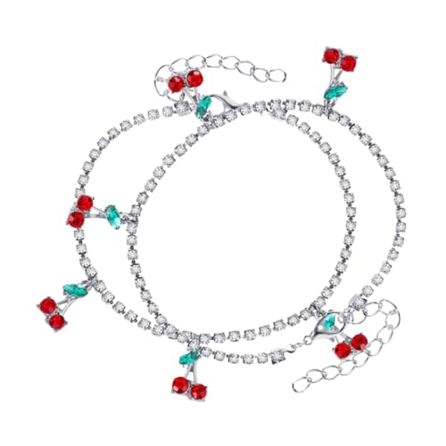 Garneck 2 Stück Rhinestone Fußkettchen Verstellbar mit Kirschanhänger Eleganter Tennis Ketten Schmuck für Damen Strand Sommer Vielseitiges Accessoire von Garneck