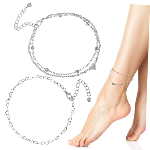 Garneck 2 Stück Teiliges Damen Fußkettchen Herzanhänger Mehrschichtiges Boho Fußkettchen aus Langlebiger Legierung Verstellbar Schmuck für Strand und Alltag von Garneck