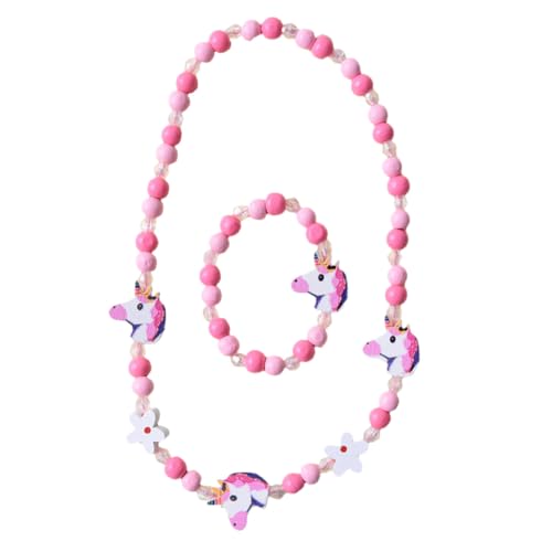 Garneck 2 Stück Teiliges Schmuckset Holzperlen Einhorn Armband und Halskette Elastisch Verstellbar Bunt für Mädchen Party und Alltag von Garneck
