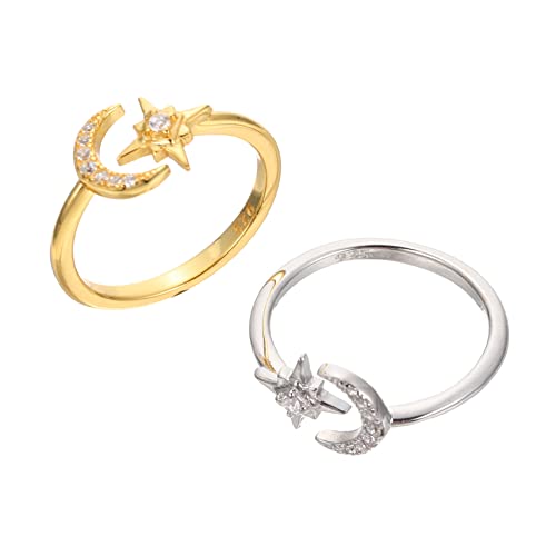 Garneck 2 Stück Verstellbare Offene Ringe mit Mond und Stern Design Teiliges für Damen Silberschmuck für Fingergrößen Stapelbar und Hautfreundlich von Garneck