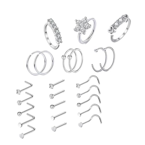 Garneck 24 Stück Teiliges Nasenpiercing Rostfreiem Edelstahl mit Funkelnden Zirkonia Hypoallergen Hautfreundlich Verschiedene Designs für Damen und Mädchen Langlebig und Rostfrei von Garneck