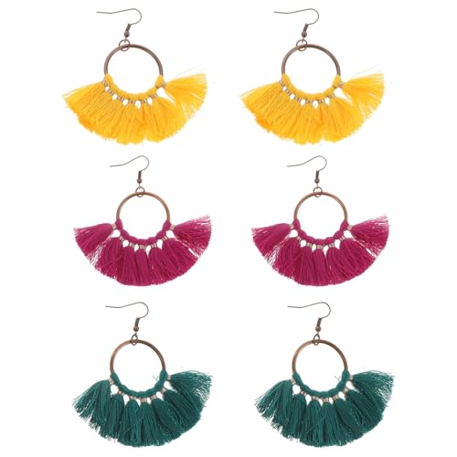 Garneck 3 Paar Boho Quasten Ohrringe Damen Ethnische Hängeohrringe Baumwolle Trendige Tropfenohrringe für Alltag und Besondere Anlässe von Garneck