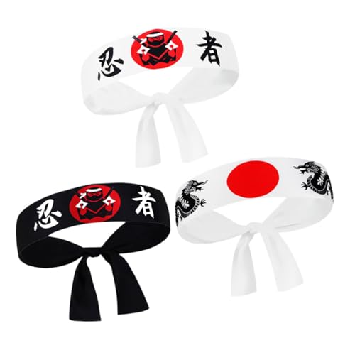Garneck 3 STÜCKE Japanisches Ninja Stirnband aus Atmungsaktivem Polyester Robustes Karate und Sushi Zubehör Modisch für Sport Partys und Alltag Vielseitig und Komfortabel für Erwachsene von Garneck