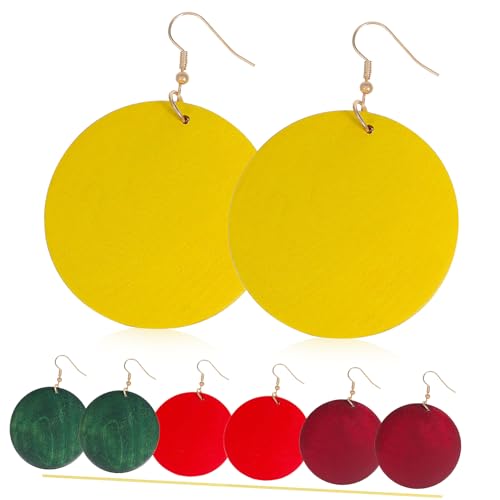 Garneck 4 Paar Holzohrringe Damen Retro Boho Runde Geometrische Hängend Ohraccessoires Leicht Edelstahl Ohrhaken Gelb Rot Weinrot von Garneck