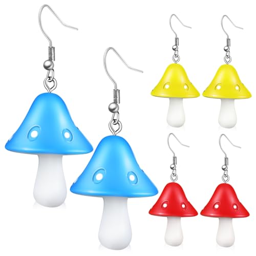 Garneck 4 Paar Pilz Ohrringe Anhänger Hängend Leicht Ohrschmuck Damen Mädchen Modisch Drop Dangle Earrings in Rot Blau Gelb von Garneck