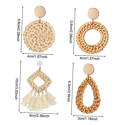Garneck 4 Paare Handgefertigte Rattan Ohrringe Leichte Ohrstecker mit Geometrischem Design Stilvolle Ohrschmuck für Damen und Mädchen und Hautfreundlich Vielseitig für Alltag und von Garneck