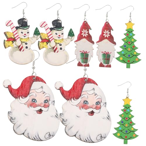 Garneck 4 Paare Weihnachts Ohrstecker für Damen Leichte Holz Ohrringe mit Santa Schneemann und Weihnachtsbaum Festliches Schmuckset für Weihnachten und Feiertage von Garneck