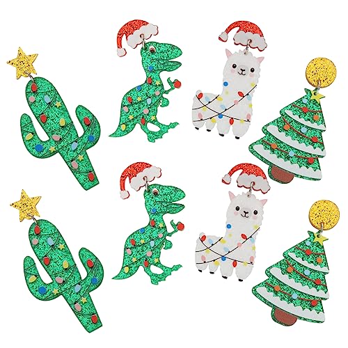 Garneck 4 Paare Weihnachtsohrringe mit Weihnachtsbaum Dinosaurier Kaktus und Weihnachtsmütze Ohrstecker Damen Weihnachts Schmuck für Festliche Anlässe und Party von Garneck