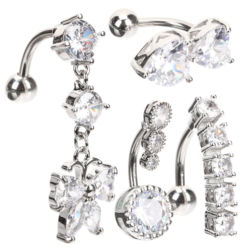 Garneck 4 Stück Edelstahl Bauchnabelpiercing Teiliges mit Zirkonia Damen Bauchring Nabelring Körper Schmuck für Urlaub Strand Sommer von Garneck