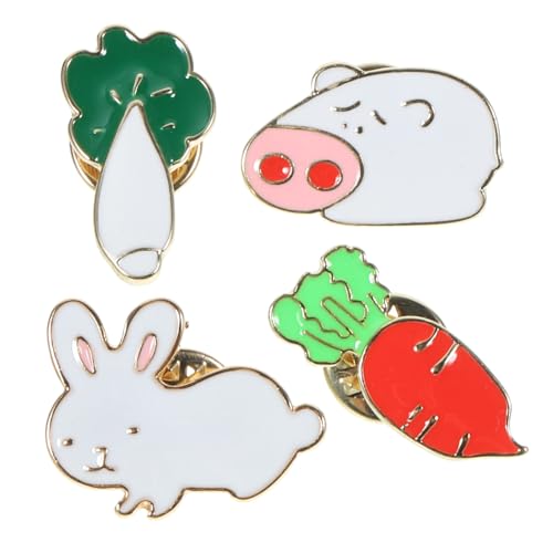 Garneck 4 Stück Teiliges Cartoon Broschen Legierung Niedliche Tier und Gemüse Motive Schwein Kaninchen Möhre Dekorative Anstecknadeln für Kleidung Taschen Hüte bei Zufällige Farbe von Garneck