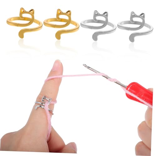 Garneck 4 Stück Verstellbare Häkelringe mit Katzenohren Design Garnführung Fingerschmuck für Stricken und Häkeln Langlebige Offene Finger Ringe als Zubehör für Handarbeiten von Garneck