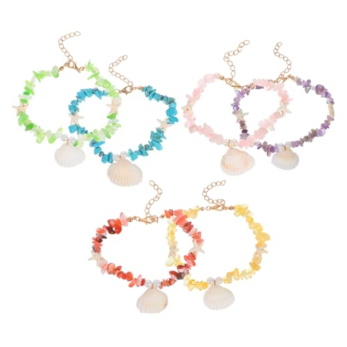 Garneck 6 Stück Boho Fußkettchen Verstellbar Damen Strand Schmuck Natürliche Steinperlen Muschel Armbänder Bohemian Stil Urlaub Accessoire Sommer Fußkette von Garneck