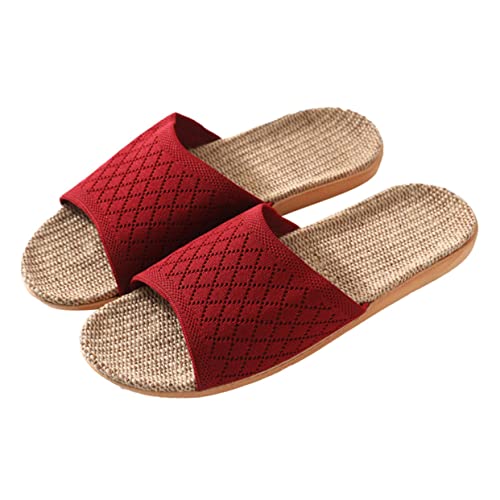Garneck Atmungsaktive Leinen Hausschuhe Damen und Herren Leichte Rutschfeste Sommer Slippers für Innenbereich Strapazierfähig mit Wasserabweisendem Bodenschonendem Design Rot von Garneck
