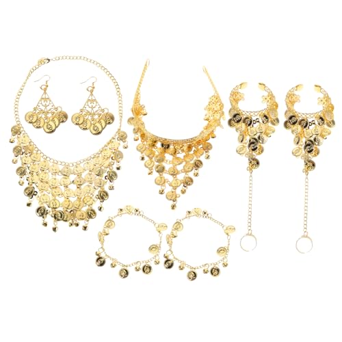 Garneck Bauchtanz Schmuck Set Damen Goldfarben Leichtes Design Tanzschmuck Set mit Kopfkette Halskette Armbändern Fußkettchen und Ohrringen für Bauchtänzerinnen Bühnenauftritte und von Garneck