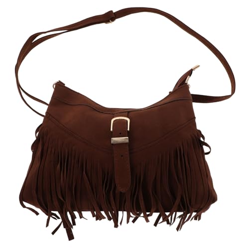 Garneck Boho Damen Wildleder Umhängetasche mit Fransen Verstellbarer Schulterriemen Handgewebte Ethno-optik Kompakte Crossbody Tasche für Reisen und Freizeit Dunkelbraun von Garneck