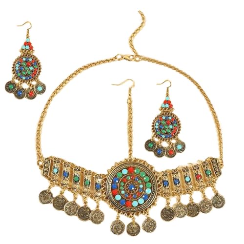 Garneck Boho Schmuckset Damen Goldfarbene Ethnische Kopfschmuck Halskette mit Strass Perlen Ohrhänger Vintage Statement Schmuck für Partys und Festlichkeiten von Garneck