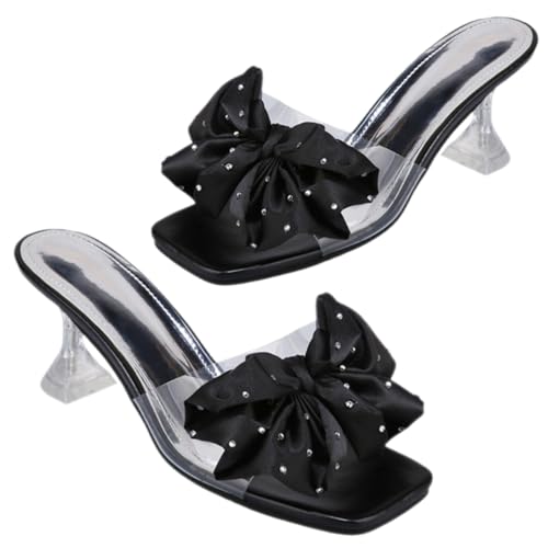 Garneck Bow Knot Mules Heels Damen Sommer Sandalen PU High Heel Slides Schlanke Absatzschuhe für Büro und Alltag Stilvolle Schleifen Detail Damenschuhe in Schwarz Absatz von Garneck